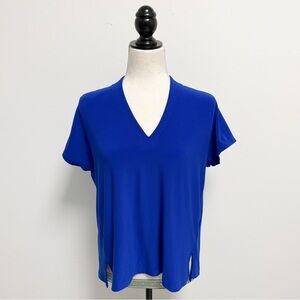 Sympli Lapis Royal Blue Deep V Neck Short Sleeve Bias Seams Slits Boxy Top 4